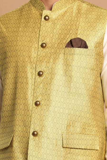 VASTRAMAY Yellow Woven Jacket With Cream Kurta and Pyjama Baap Beta Set